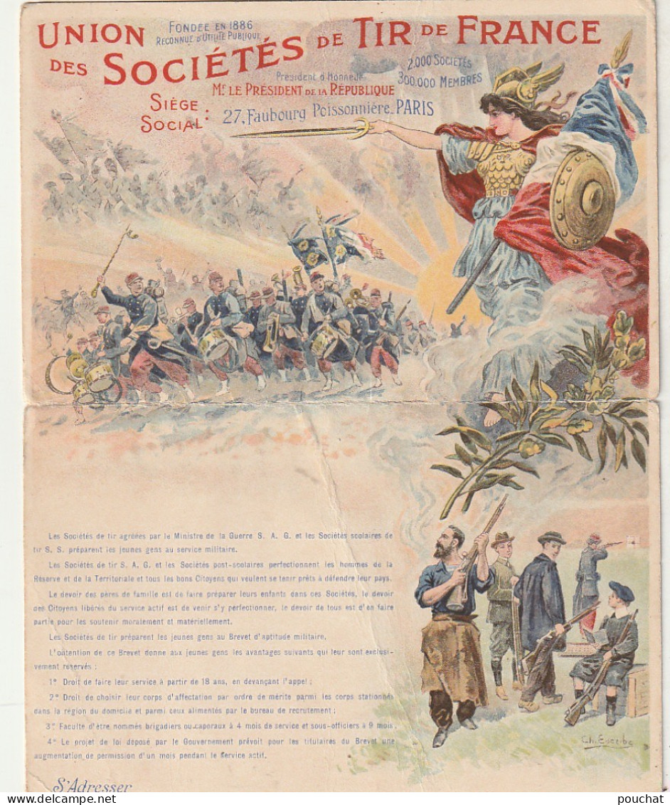 AA+ 36 - UNION DES SOCIETES DE TIR DE FRANCE - CARTE DOUBLE - ILLUSTRATEUR CH. ESCRIBE - Patriotiques