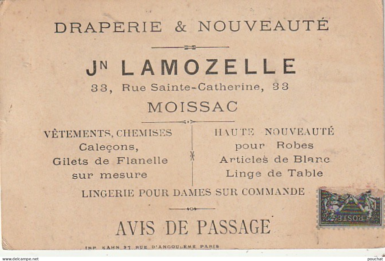 AA+ 37 -(82) MOISSAC - AVIS DE PASSAGE DRAPERIE & NOUVEAUTE J. LAMOZELLE - CHROMO CUISINIER CREPE - Other & Unclassified