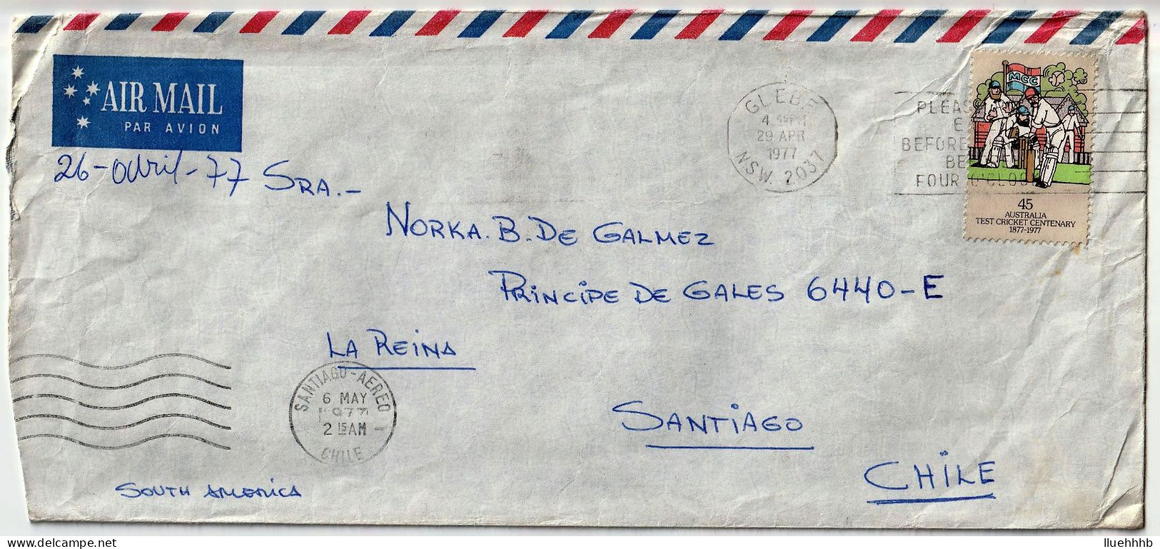AUSTRALIA: 45c Cricket Centenary Solo Usage On 1977 Airmail Cover To CHILE - Briefe U. Dokumente