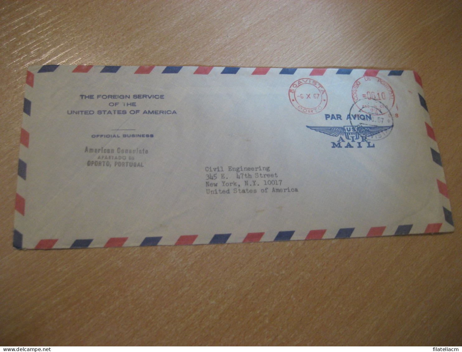 PORTO 1967 To NY USA Foreign Service American Consulate Oporto Air Meter Mail Cancel Cover PORTUGAL - Storia Postale
