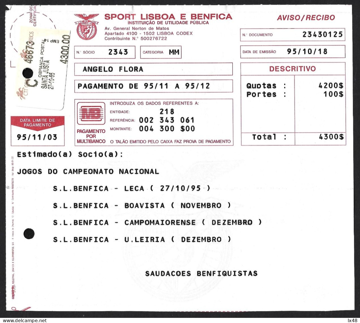 Cobrança Postal De Quotas Sport Lisboa E Benfica, Santa Justa, Lisboa. Soccer. Postal Collection Of Benfica. Fußball. - Lettres & Documents