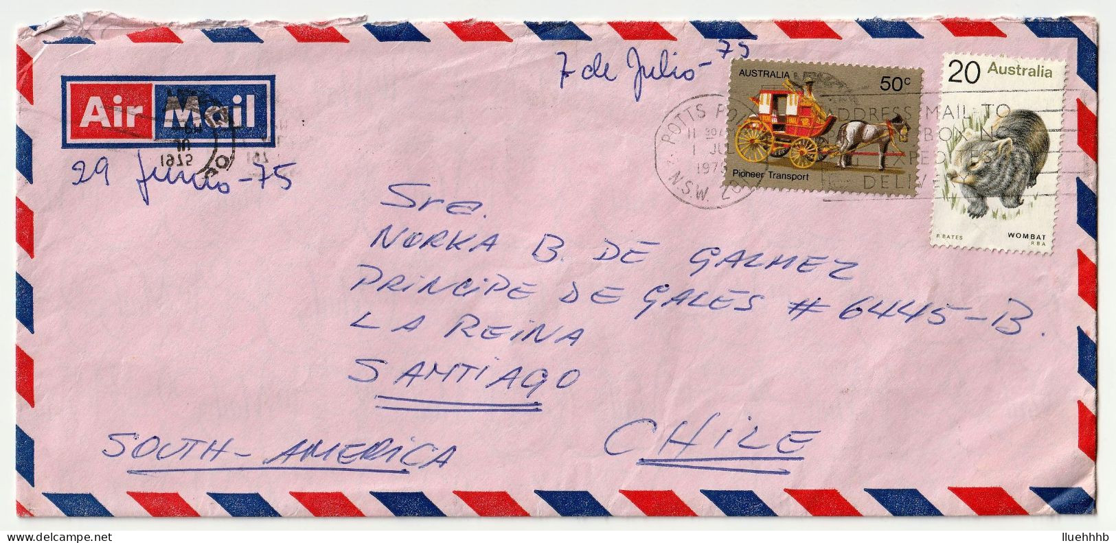 AUSTRALIA: 1975 Airmail Cover To CHILE, 40c Pioneer And 20c Wombat - Lettres & Documents