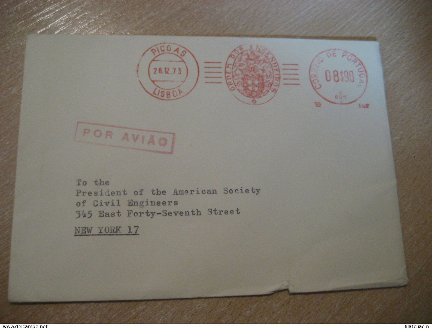 LISBOA 1973 To NY USA Ordem Dos Engenheiros Order Of Engineers Engineering Meter Mail Cancel Slight Fault Cover PORTUGAL - Cartas & Documentos
