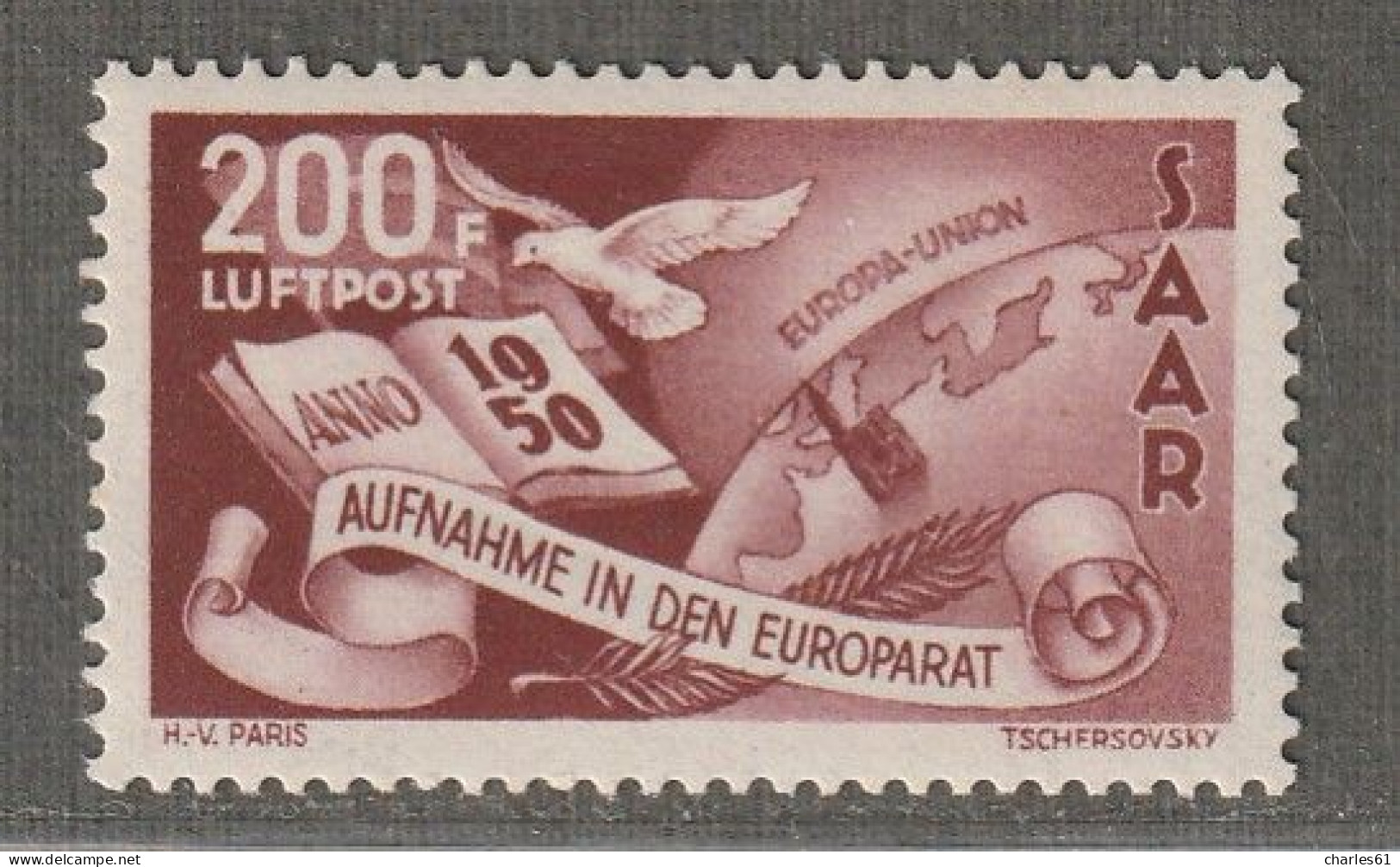 SARRE - Poste Aérienne N°13 ** (1950) Conseil De L'Europe - Neufs