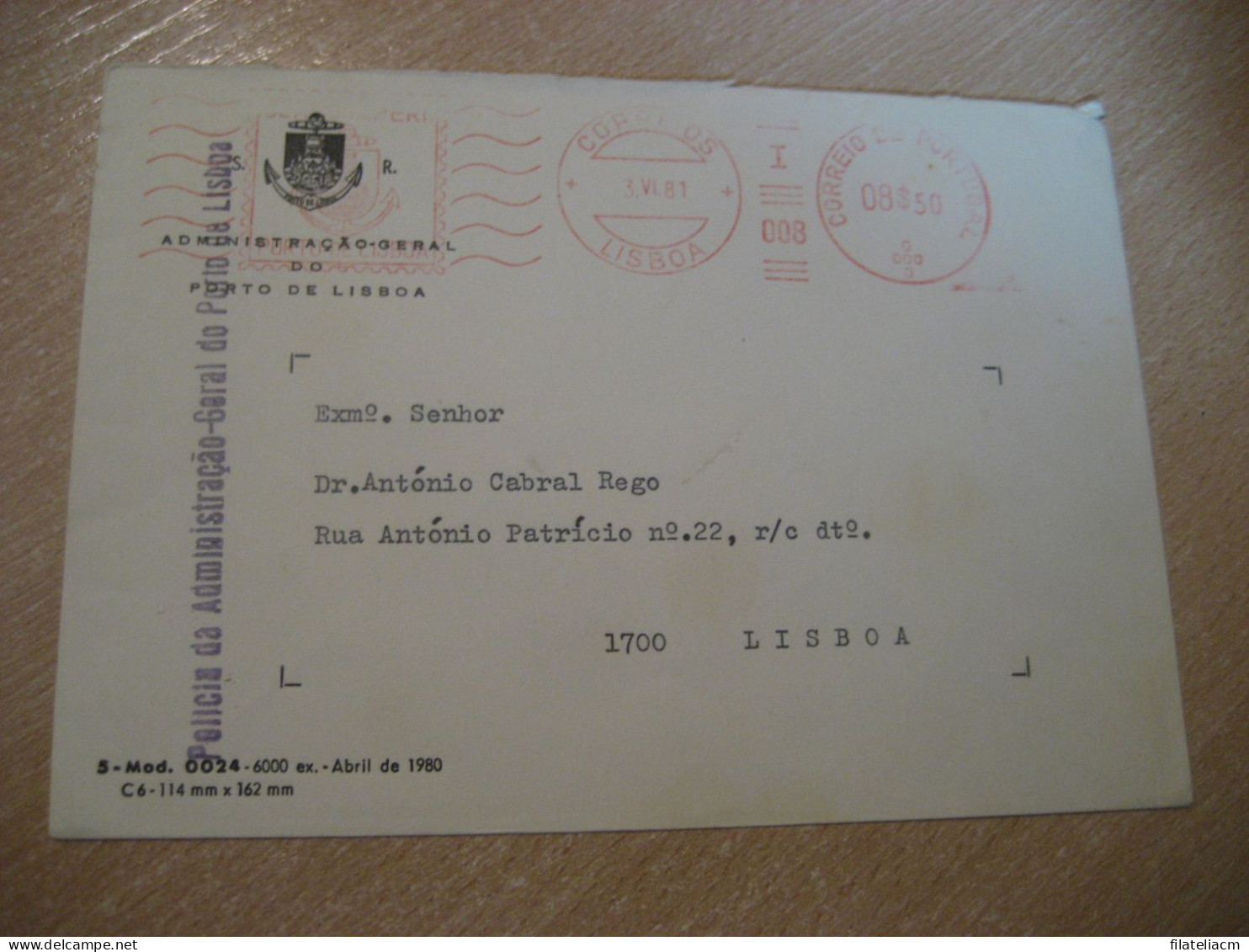LISBOA 1981 Policia Do Porto Police Harbor Harbour Port Maritime Meter Mail Cancel Cover PORTUGAL - Brieven En Documenten