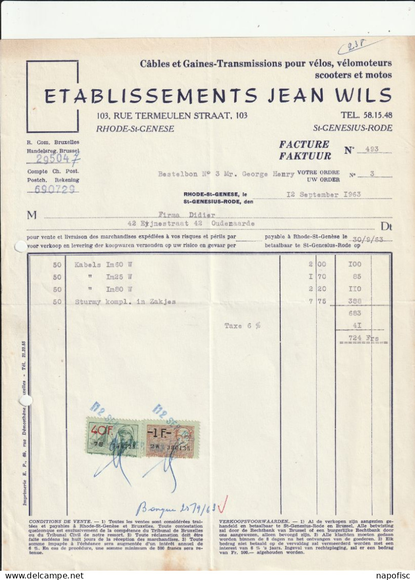 104-J.Wils..Cables & Gaines, Transmissions Pour Vélos, Scooters, Motos... St-Genesius-Rode...Belgique-Belgie.....1963 - Sonstige & Ohne Zuordnung