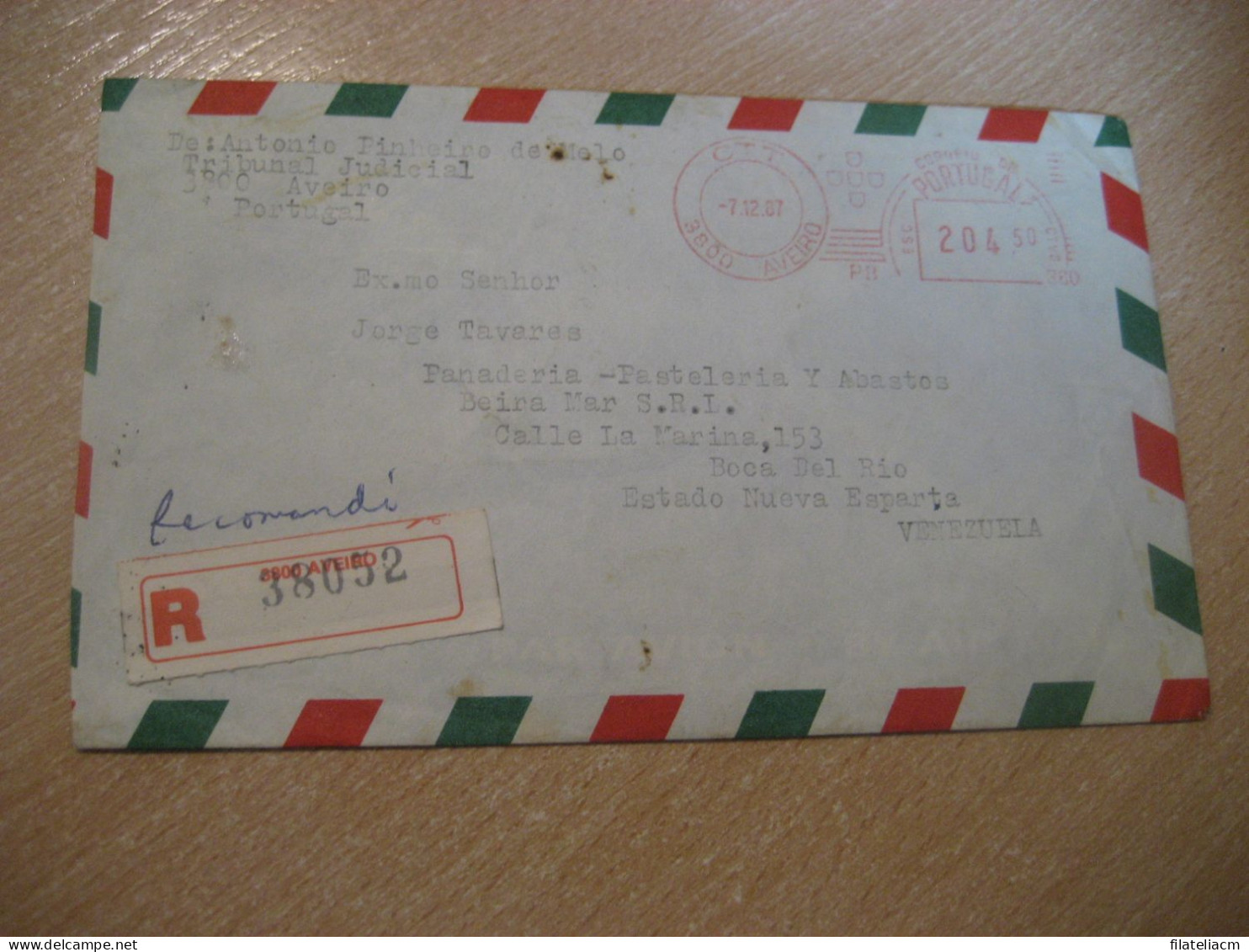 AVEIRO 1987 To Boca Del Rio Venezuela Tribunal Judicial Registered Air Meter Mail Cancel Cover PORTUGAL - Brieven En Documenten