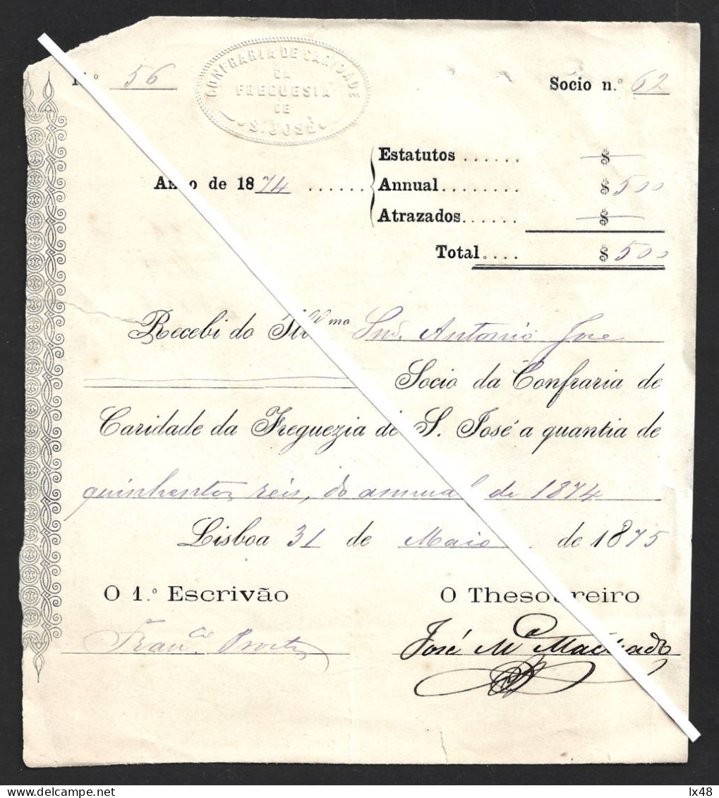 Recibo Sócio Confraria Caridade Da Freguesia S. José, Lisboa 1875. Receipt Of The Charity Confraternity Of The Parish Of - Historische Documenten