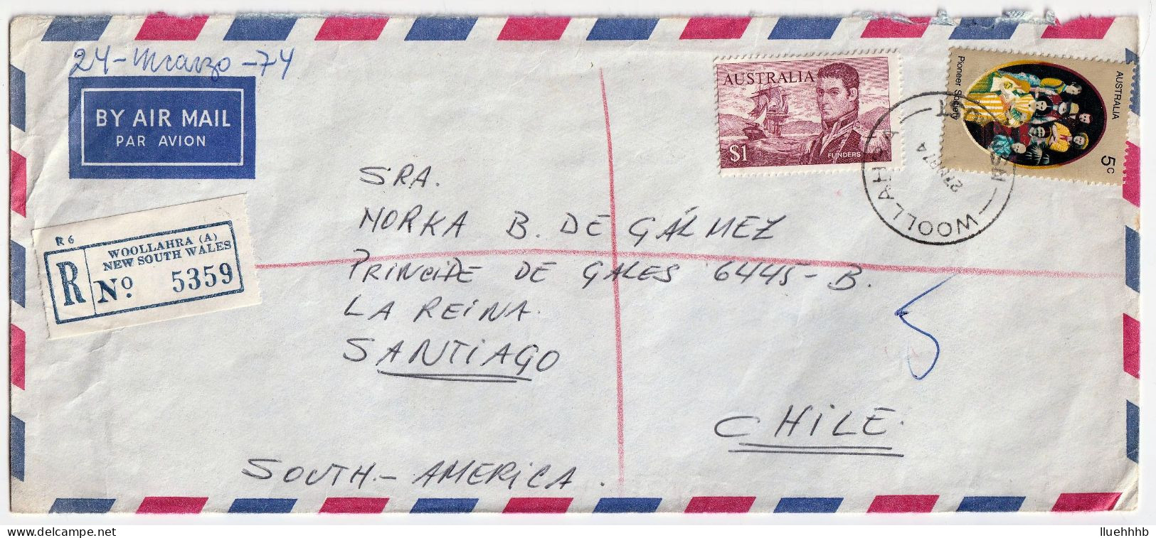 AUSTRALIA: 1974 Registered Airmail Cover To CHILE, $1 NAVIGATOR - Postwaardestukken