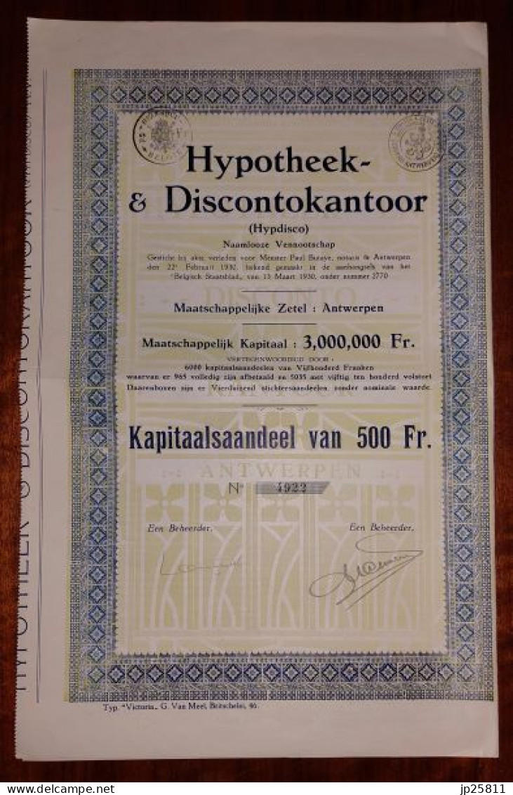 België -Belgique - Hypotheek- & Discontokantoor (Hypdisco) 500 Frank 1930 Antwerpen - Autres & Non Classés