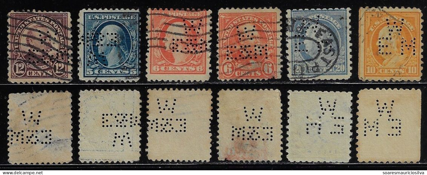 USA 1902/1954 6 Stamp Perfin W/E&M W/EM Westinghouse Electric & Manufacturing Company East Pittsburgh Lochung Perfore - Perfins