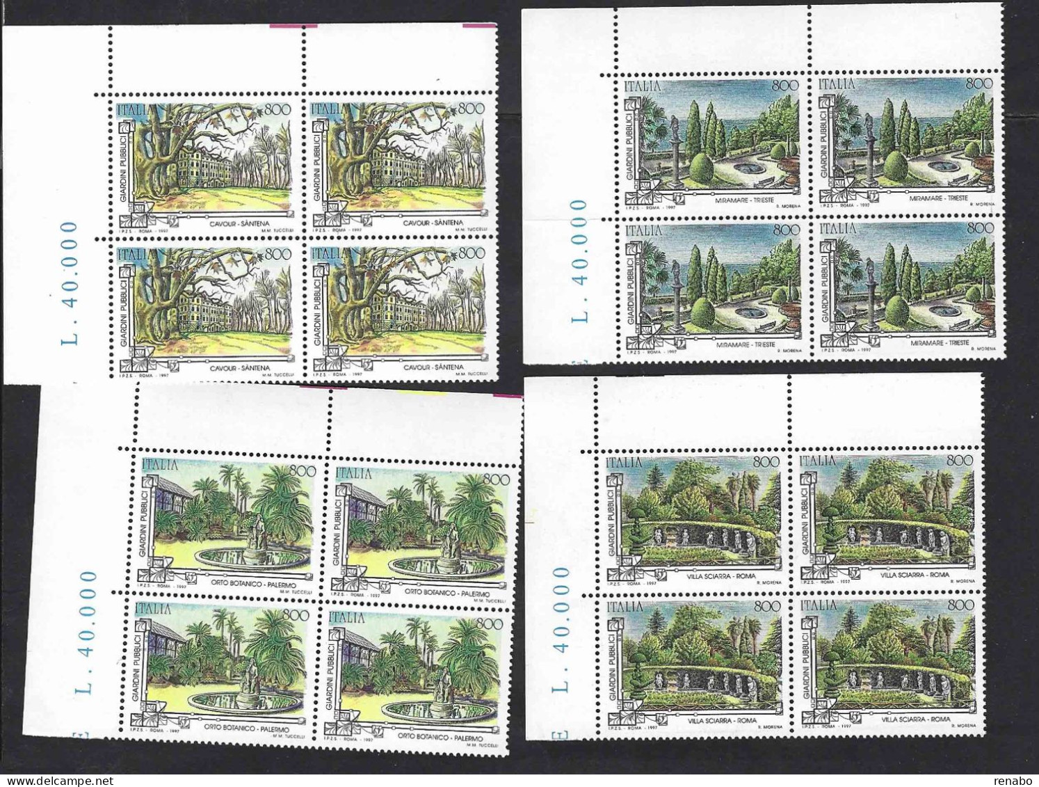 Italia 1997; Giardini Storici Pubblici, Serie Completa In Quartine Di Angolo Superiore. - 1991-00: Mint/hinged