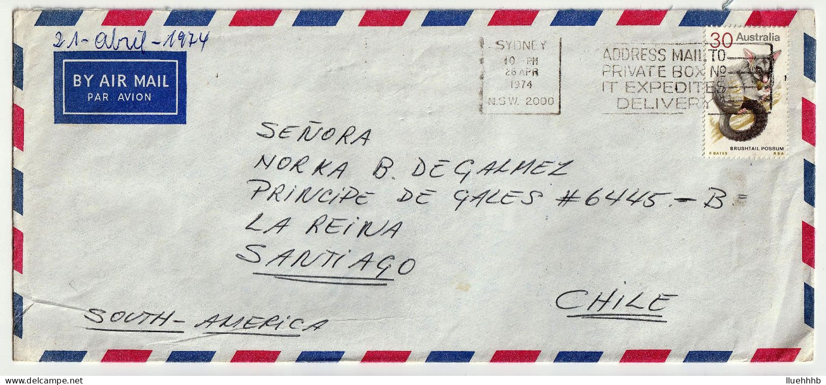 AUSTRALIA: 30c Possum Solo Usage On 1974 Airmail Cover To CHILE - Entiers Postaux