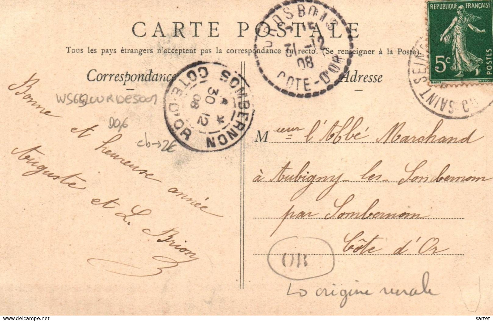 Cachet Perlé Grosbois Et Cachets Sombernon Et Saint-Seine Et OR Origine Rurale Sur Semeuse N°137 YetT - 1877-1920: Semi Modern Period