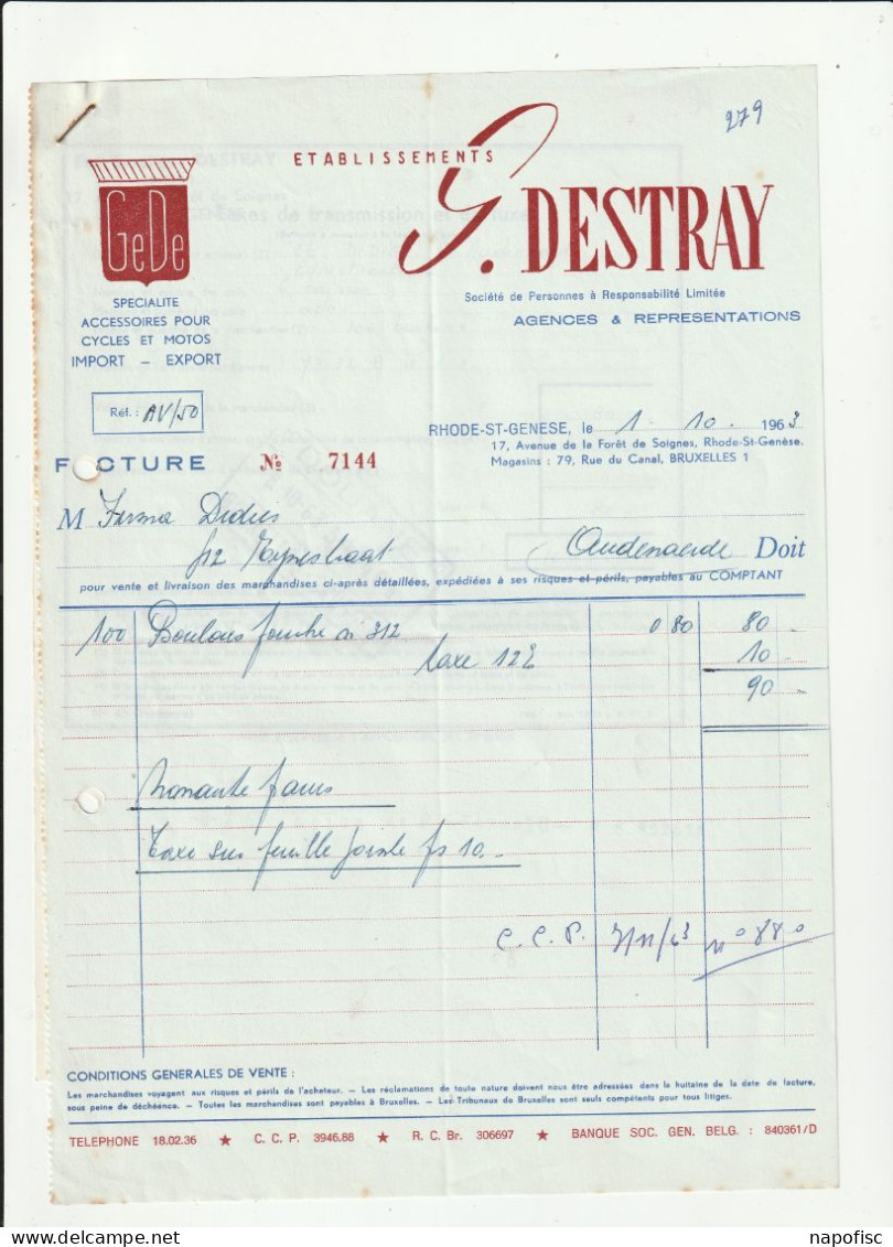 104-G.Destray ..Accessoires Pour Cycles & Motos... St-Genesius-Rode...Belgique-Belgie.....1963 - Andere & Zonder Classificatie