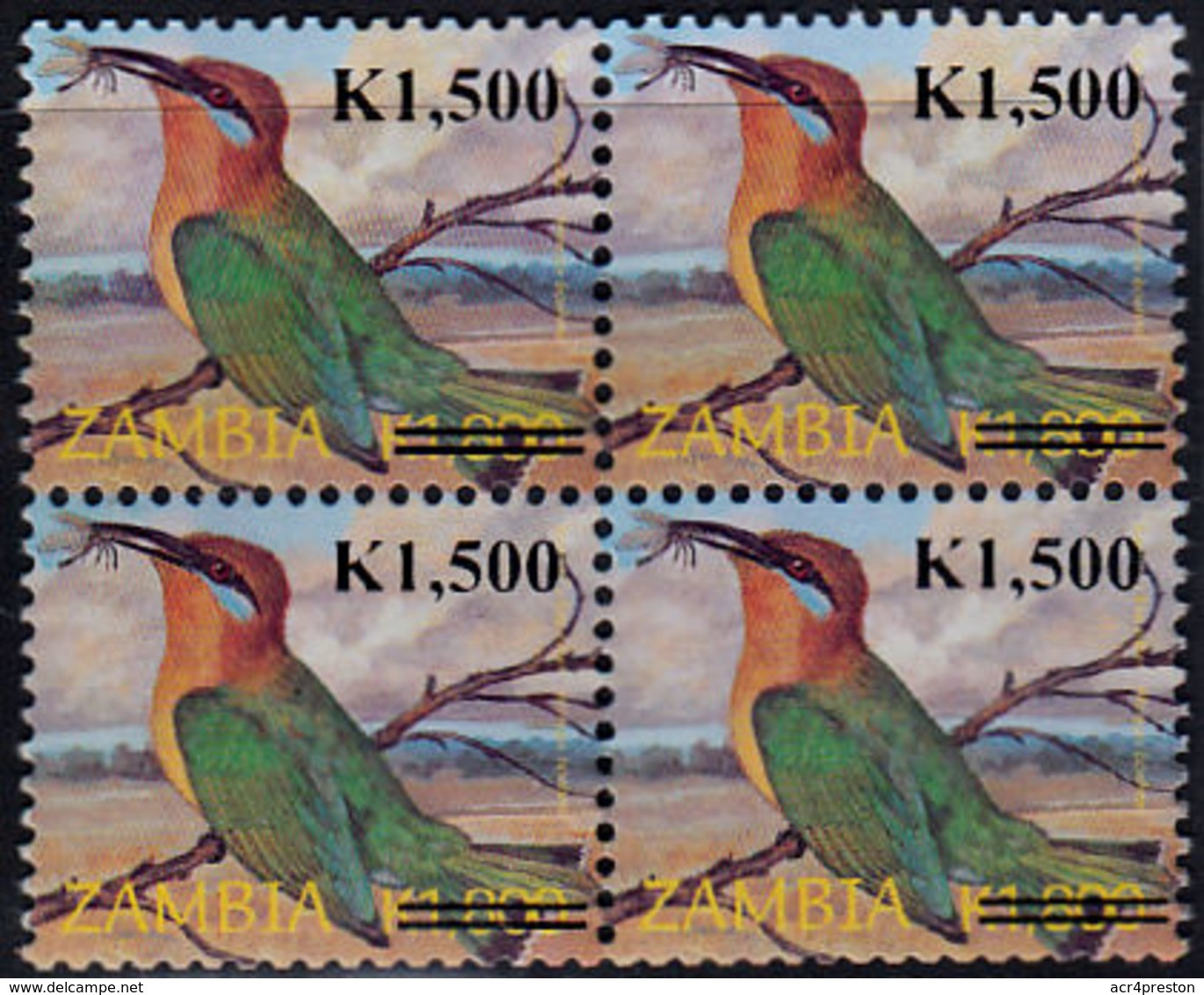 D0315 ZAMBIA 2009, SG1057, K1,500 Surcharge On K1,800 Small Format Birds,   MNH Block Of 4 - Zambie (1965-...)