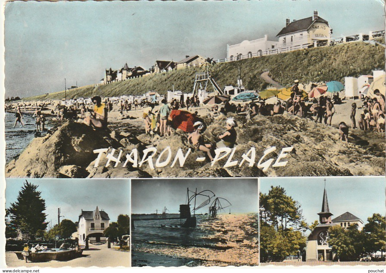 AA+ 60-(44) THARON PLAGE - CARTE COULEURS MULTIVUES : PLAGE , JARDIN ET POSTE , COUCHER DE SOLEIL AUX PECHERIES , EGLISE - Tharon-Plage