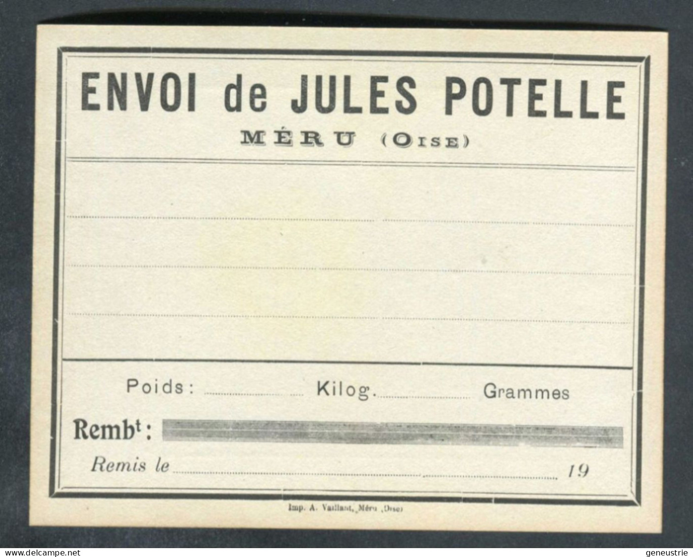 Ticket Carton D'envoi Début XXe (fait à Partir D'une Carte De Boutons) "Jules Potelle, Fabricant De Boutons à Méru" - Transport