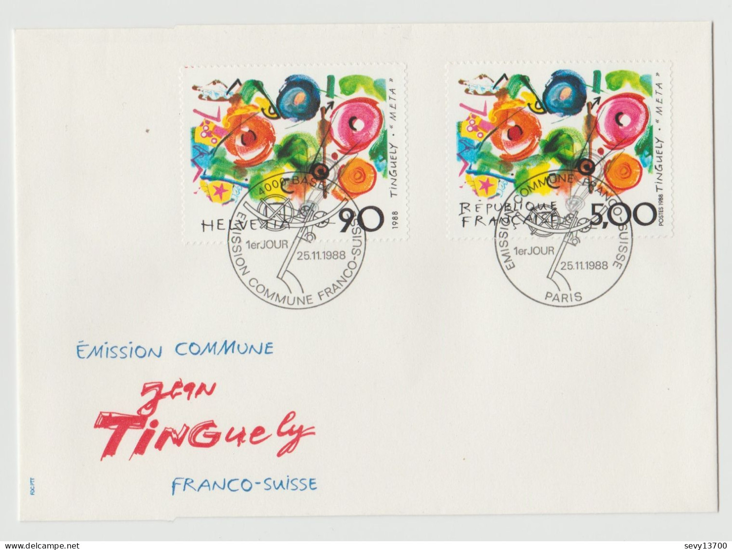 Enveloppe émission Commune France Suisse - Jean Tinguely - Année 1988 - Otros & Sin Clasificación