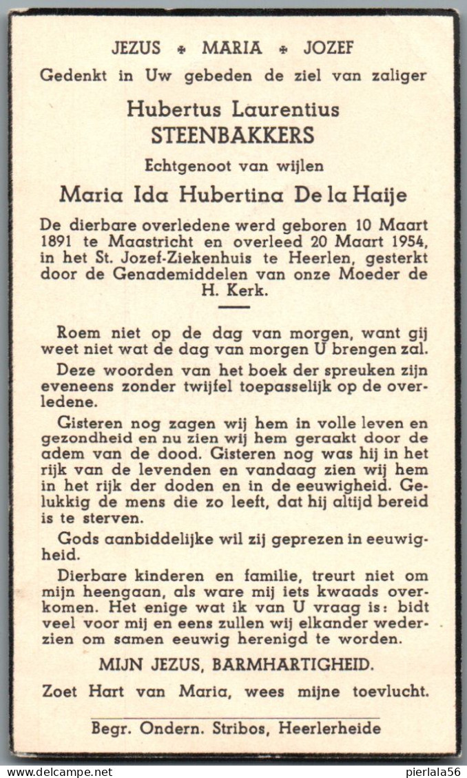 Bidprentje Maastricht (NL) - Steenbakkers Hubertus Laurentius (1891-1954) - Devotieprenten