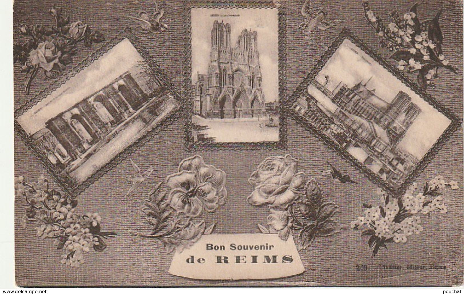 AA+ 66-(51) BON SOUVENIR DE REIMS - CARTE FANTAISIE MULTIVUES - DECOR FLORAL ET OISEAUX - Reims