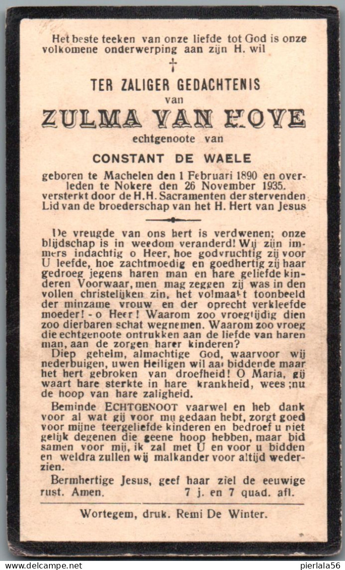 Bidprentje Machelen - Van Hove Zulma (1890-1935) - Devotieprenten