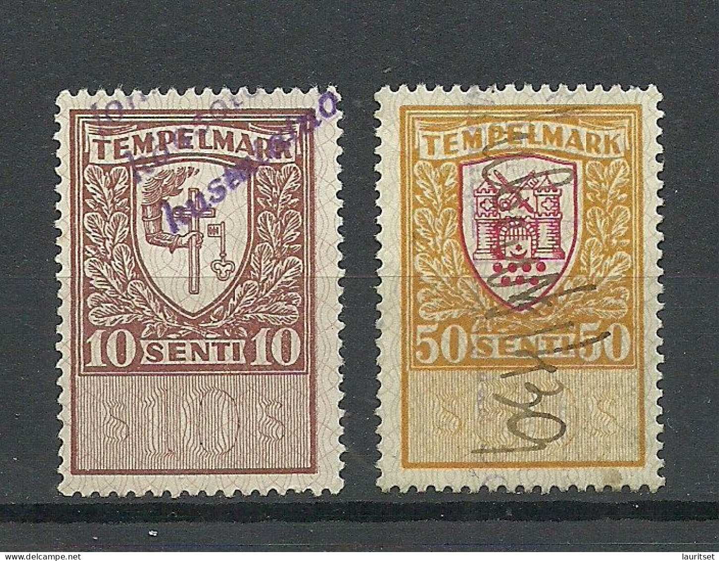 ESTLAND Estonia 1925 Revenue Tax Stamps Stempelmarken 10 & 50 Senti O - Estland
