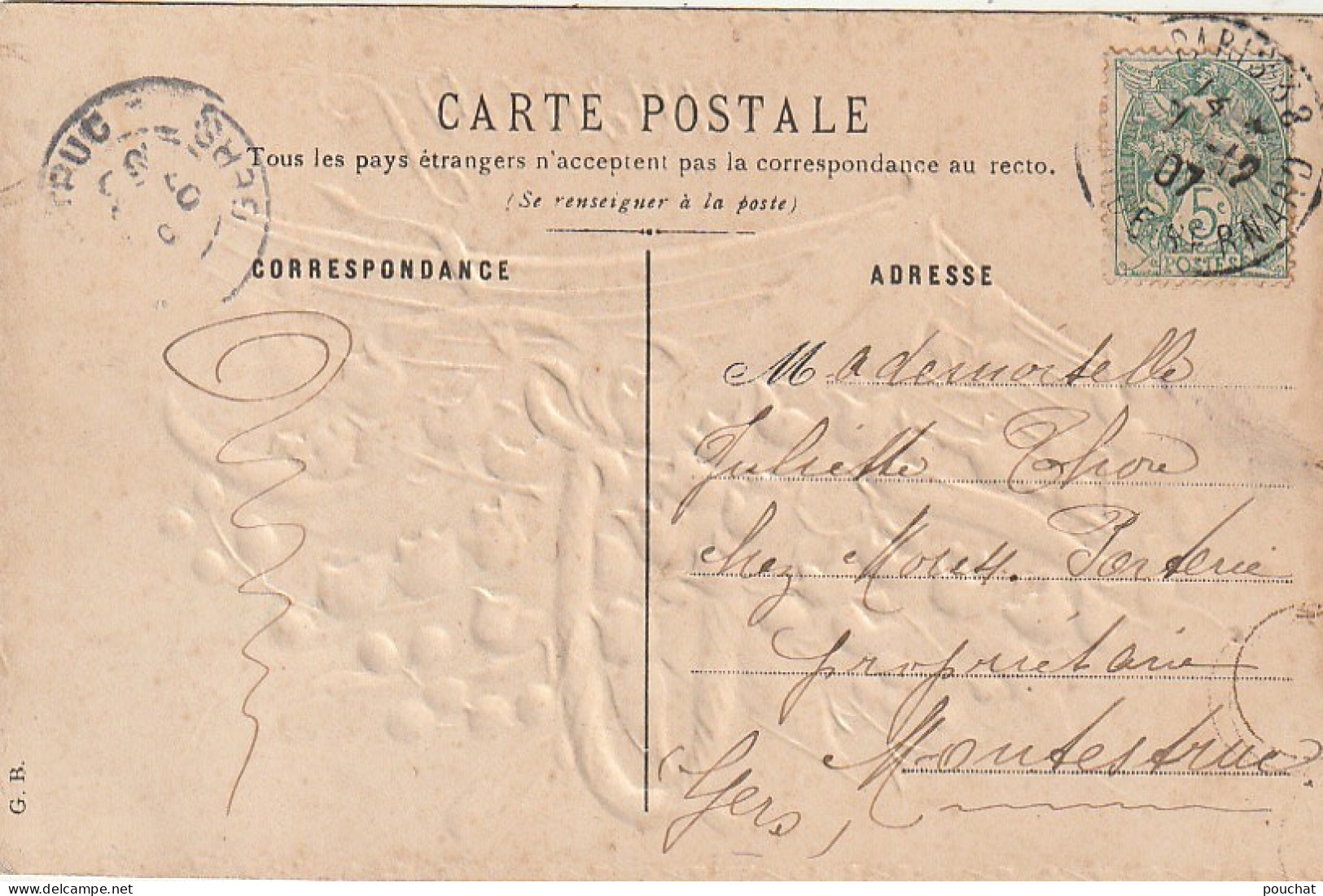 AA+ 68- " SOUVENIR " - PANIERE DE MUGUET , DORURE - CARTE GAUFREE - CORRESPONDANCE  PARIS  1907 - Fleurs