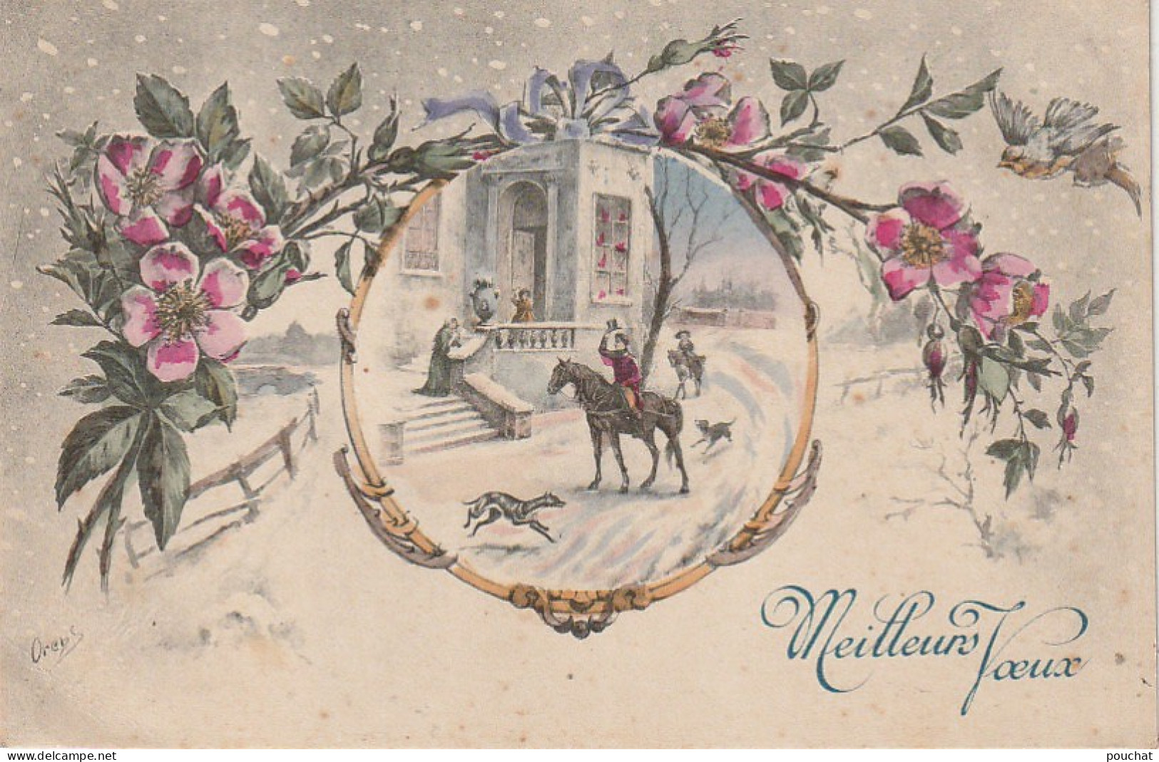 AA+ 68- " MEILLEURS VOEUX " - MEDAILLON AVEC PAYSAGE HIVERNAL ET DECOR DE BRANCHAGE FLEURI - Anno Nuovo