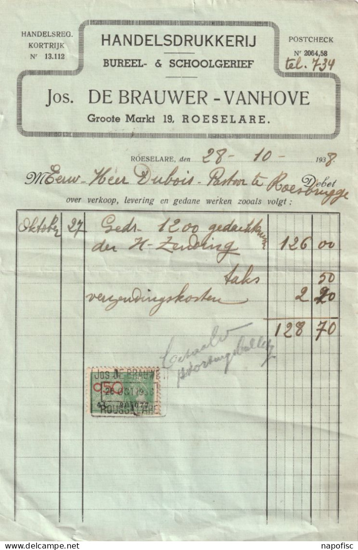 104-J.De Brauwer-Vanhove....Handelsdrukkerij, Bureel & Schoolgerief.. Roselaere-Roulers..Belgique-Belgie.....1938 - Otros & Sin Clasificación