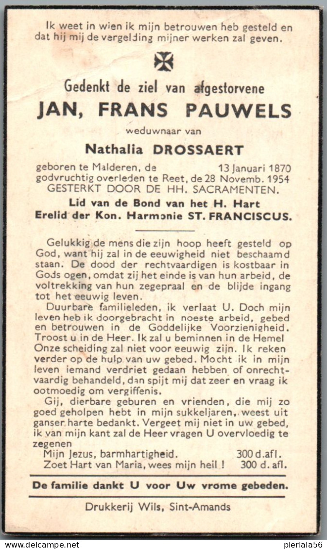 Bidprentje Malderen - Pauwels Jan Frans (1870-1954) Hoekplooi - Imágenes Religiosas