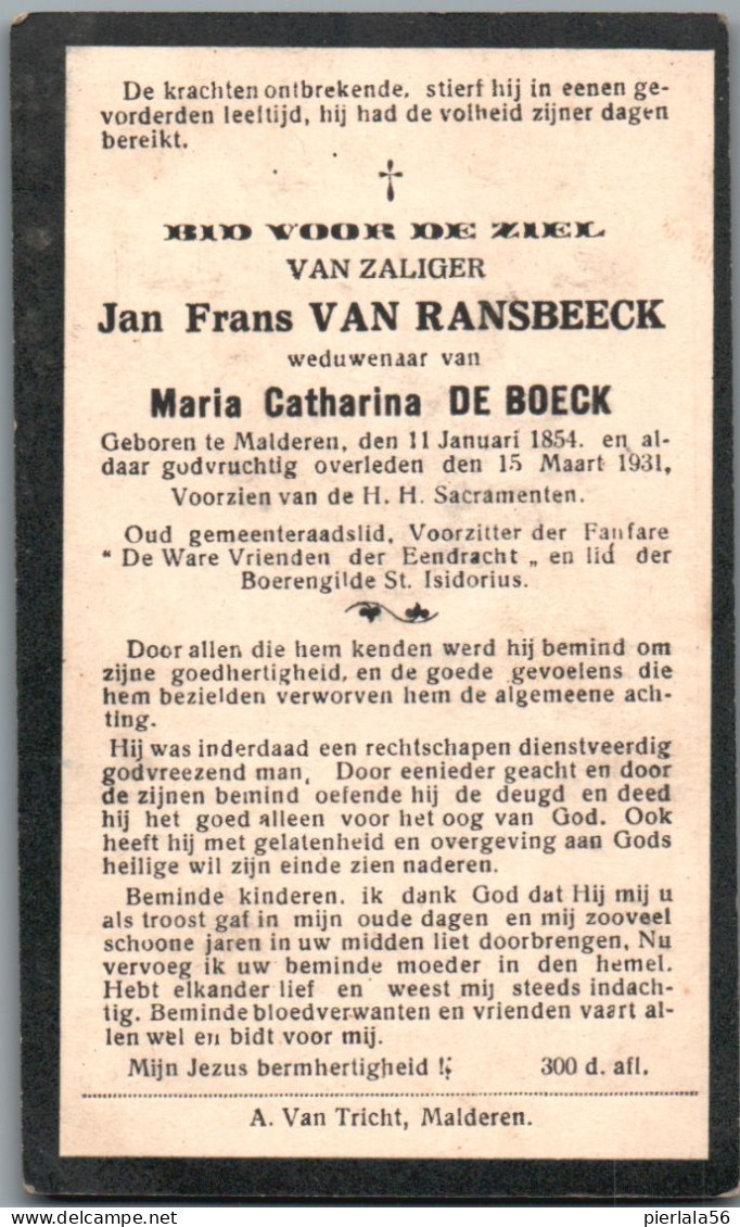 Bidprentje Malderen - Van Ransbeeck Jan Frans (1854-1931) - Devotion Images