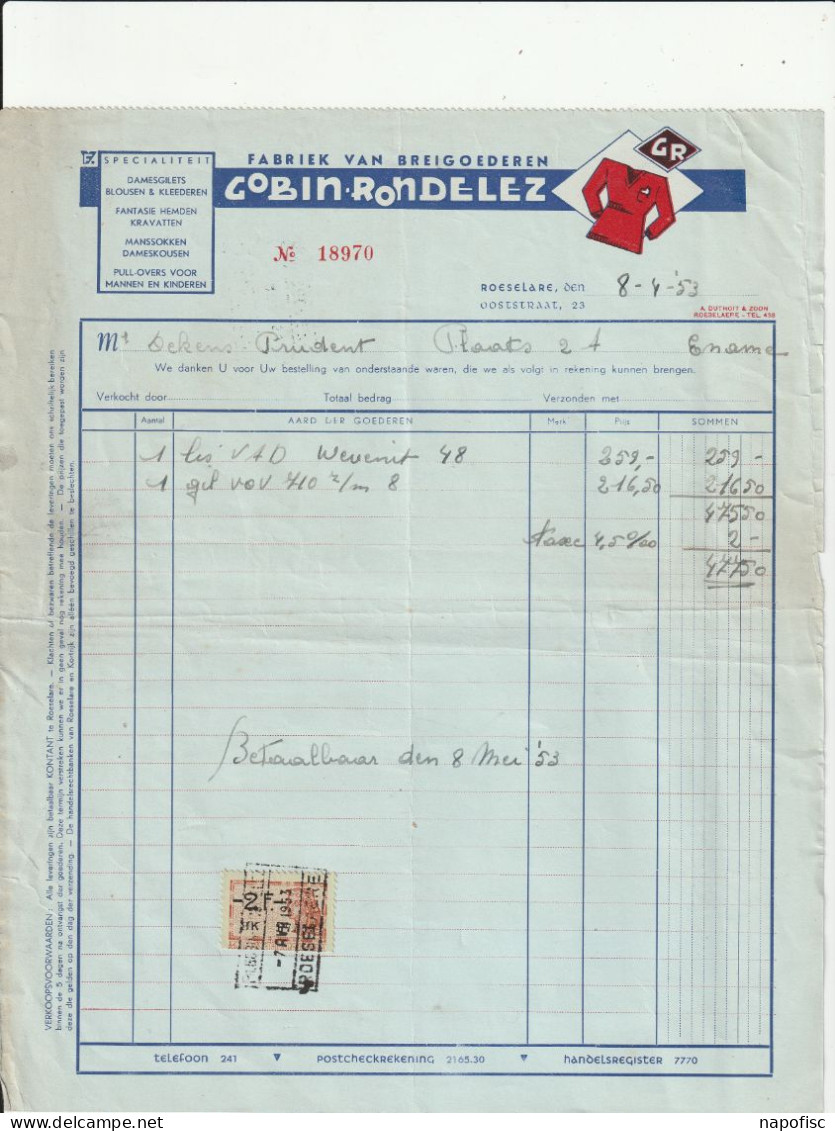 104-Gobin-Rondelez...Fabriek Van Breigoederen, Damesgilets & Kleederen. Roselaere-Roulers..Belgique-Belgie.....1953 - Textilos & Vestidos