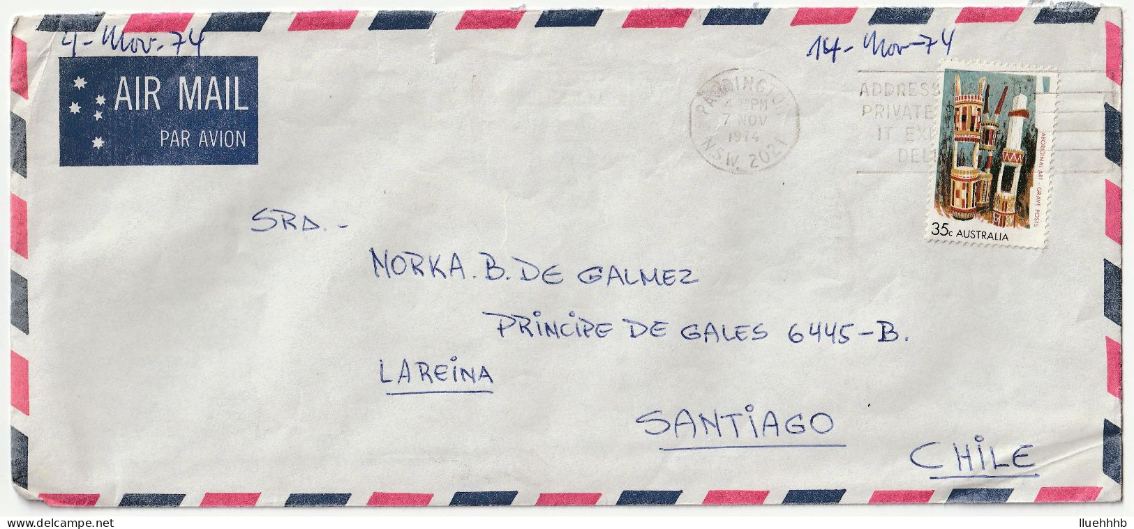 AUSTRALIA: 35c Aboriginal Art Solo Usage On 1974 Airmail Cover To CHILE - Ganzsachen