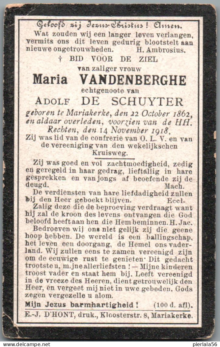 Bidprentje Mariakerke - Vandenberghe Maria (1862-1918) Hoeken - Devotion Images