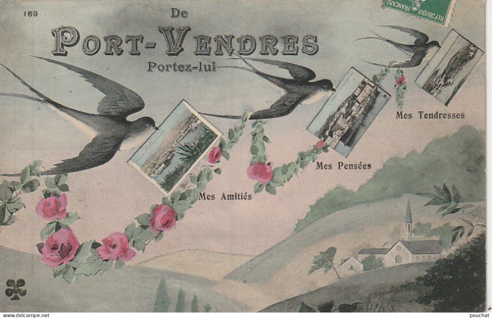 AA+ 85-(66) " DE PORT VENDRES  PORTEZ LUI " - CARTE MULTIVUES FANTAISIE COLORISEE - HIRONDELLES , GUIRLANDE DE FLEURS - Port Vendres