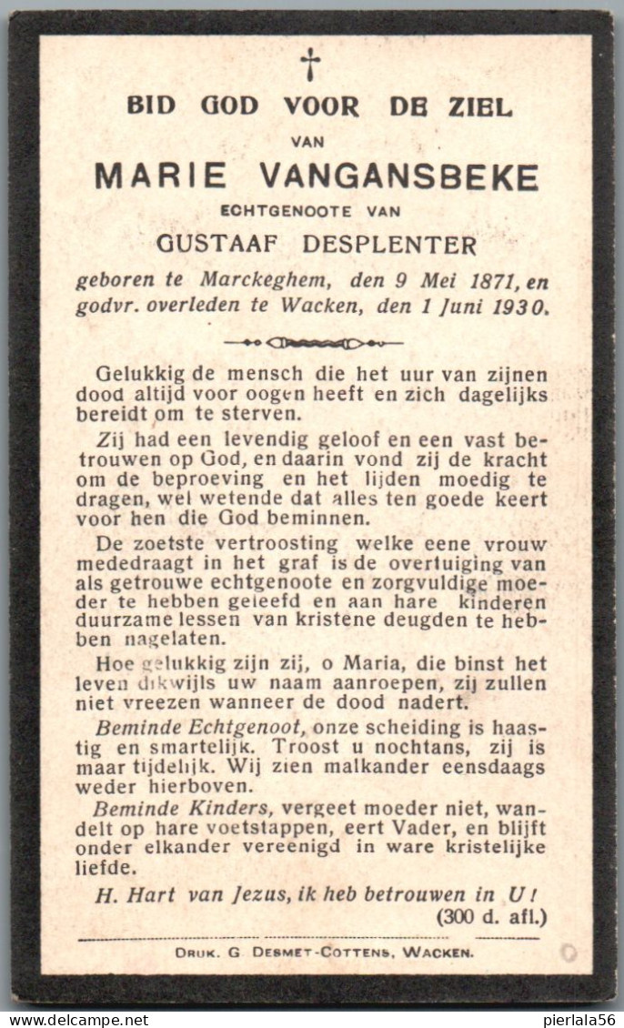 Bidprentje Markegem - Vangansbeke Marie (1871-1930) - Imágenes Religiosas