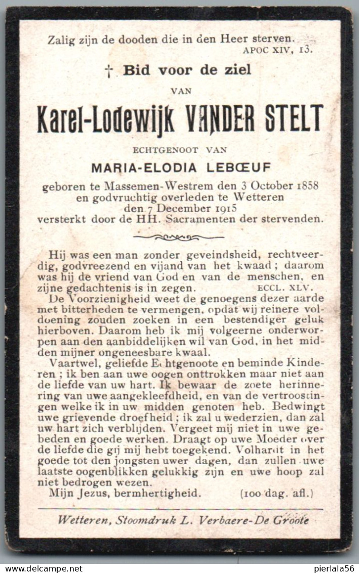 Bidprentje Massemen-Westrem - Vander Stelt Karel Lodewijk (1858-1915) - Imágenes Religiosas