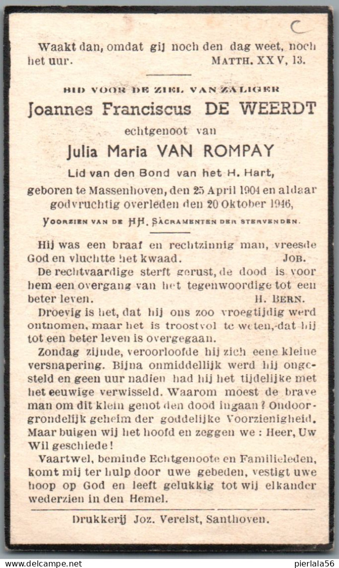 Bidprentje Massenhoven - De Weerdt Joannes Franciscus (1904-1946) - Imágenes Religiosas