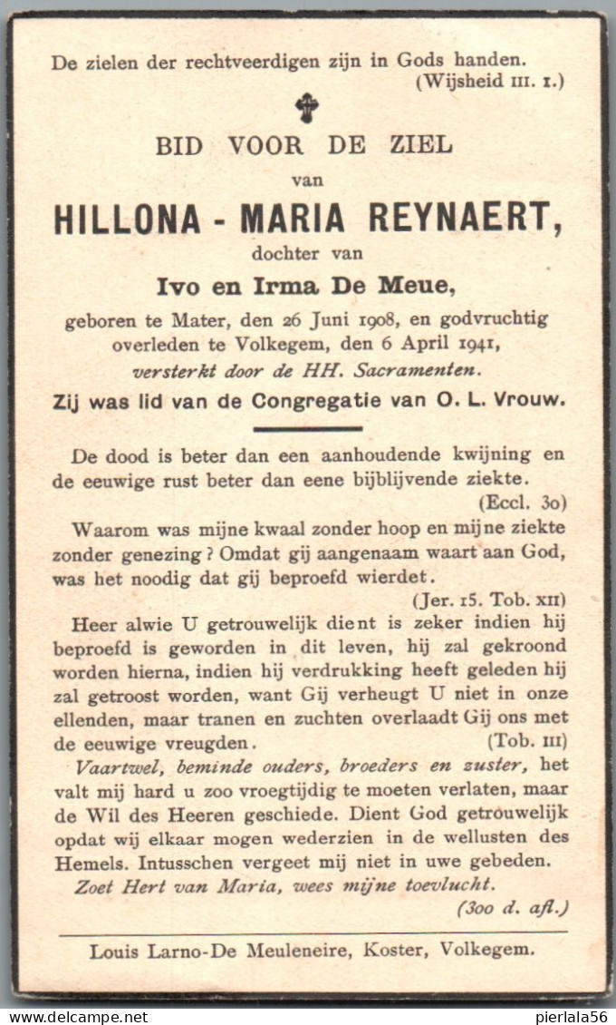 Bidprentje Mater - Reynaert Hillona Maria (1908-1941) - Imágenes Religiosas