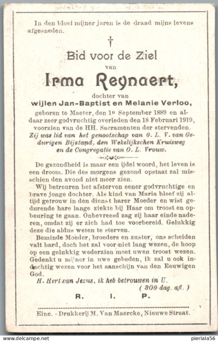 Bidprentje Mater - Reynaert Irma (1889-1919) - Imágenes Religiosas