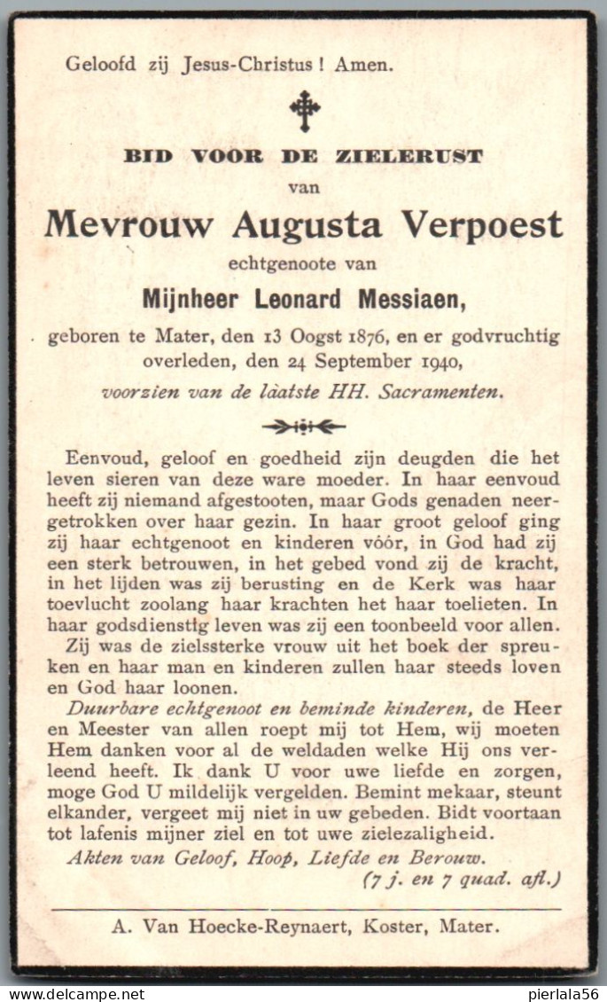 Bidprentje Mater - Verpoest Augusta (1876-1940) - Devotieprenten