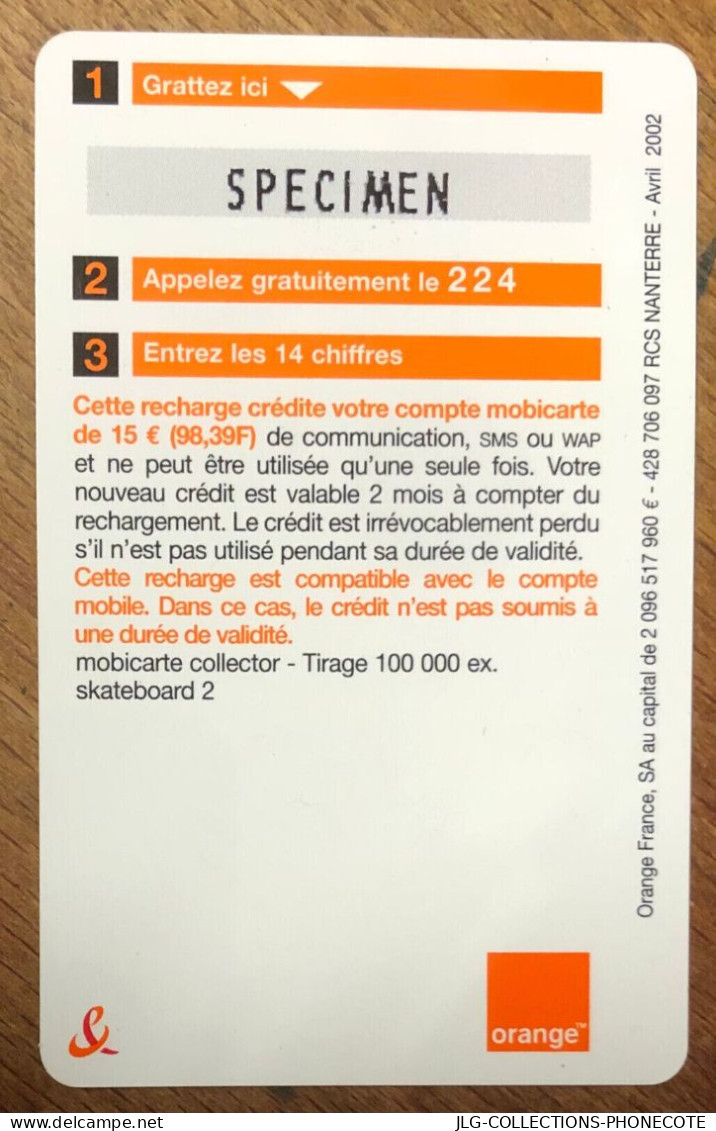 MOBICARTE ORANGE SKATE SPÉCIMEN MBC MOBI GSM SCHEDA PHONE CARD PREPAID PREPAYÉE CALLING CARD CARTE TELECARTE - Mobicartes (recharges)