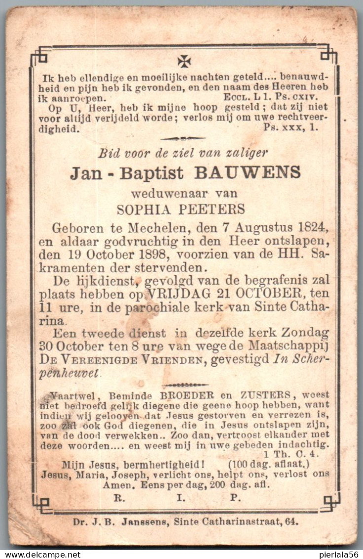 Bidprentje Mechelen - Bauwens Jan Baptist (1824-1898) - Images Religieuses