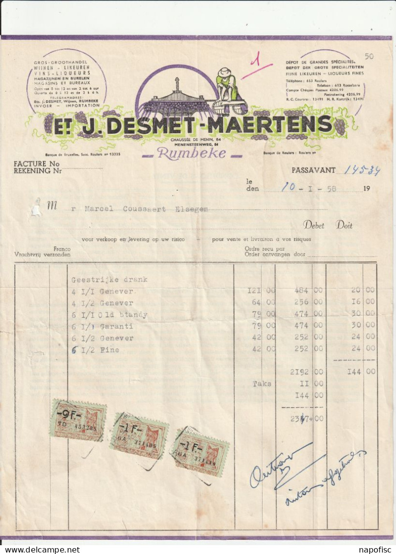 104-J.Desmet-Maertens..Groothandel Wijnen Likeuren.. Rumbeke...Belgique-Belgie.....1958 - Autres & Non Classés