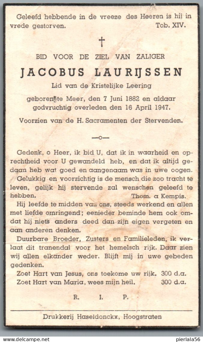 Bidprentje Meer - Laurijssen Jacobus (1882-1947) Plooi - Images Religieuses