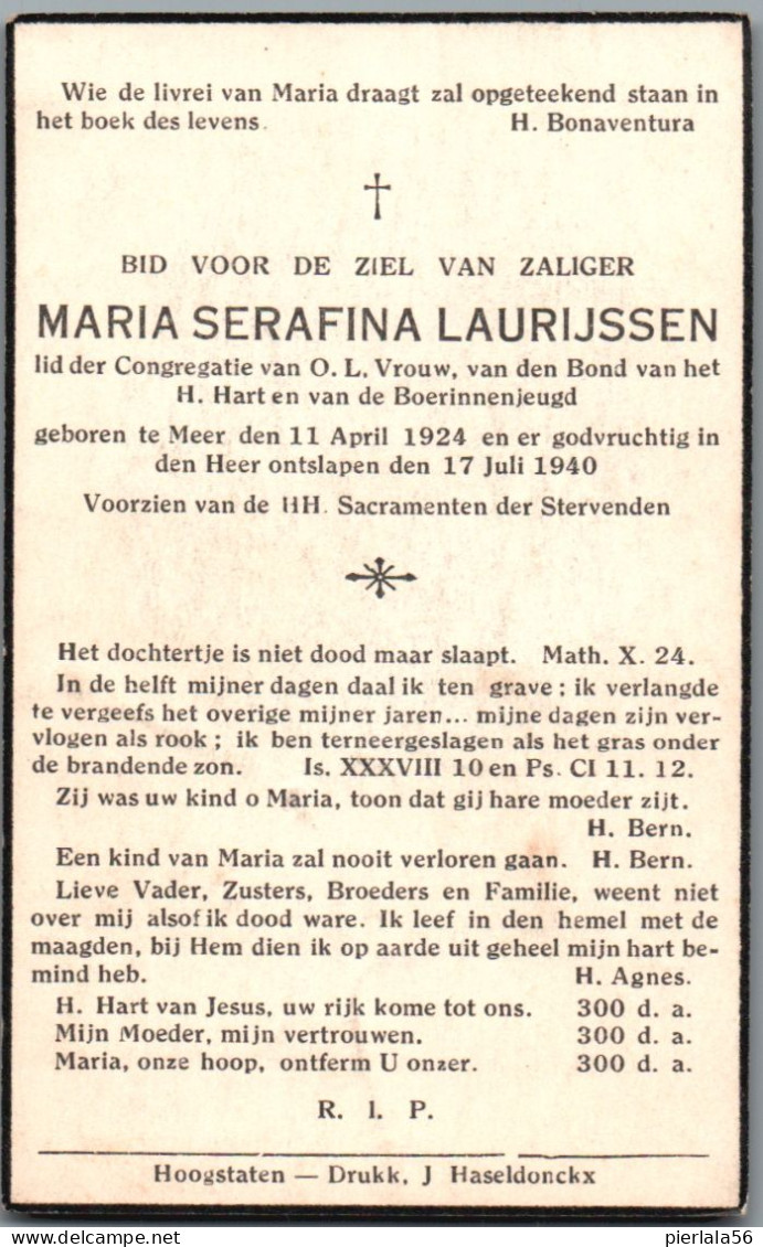 Bidprentje Meer - Laurijssen Maria Serafina (1924-1940) - Imágenes Religiosas