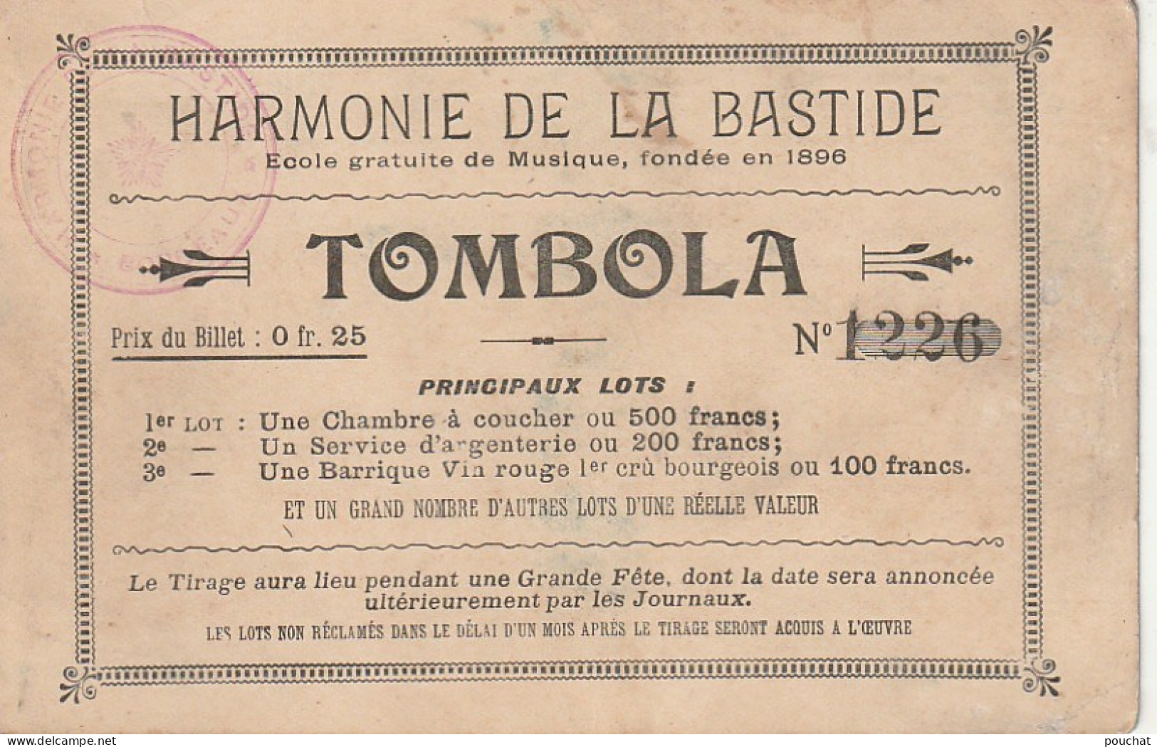 AA+ 101-(75) EXPO. UNIV. DE PARIS 1900 - PALAIS DE L'EDUCATION ET L'ENSEIGNEMENT - TOMBOLA " HARMONIE DE LA BASTIDE "  - Exhibitions