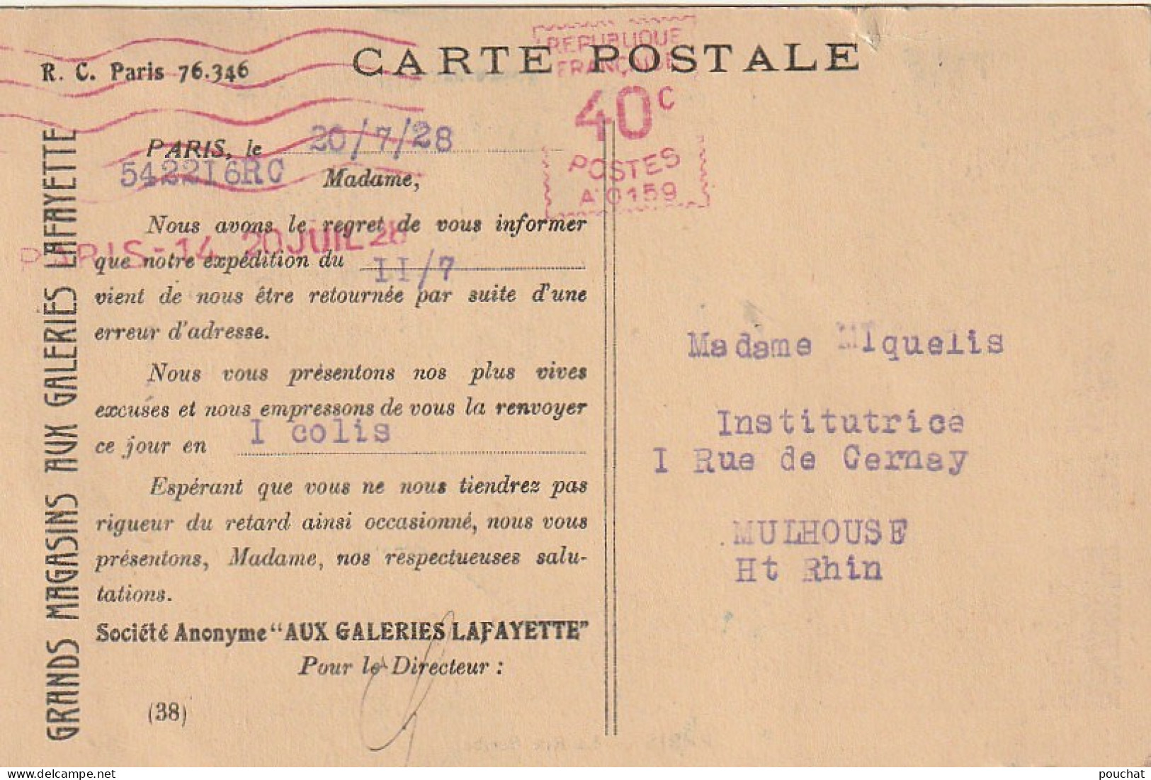 AA+ 101-(75) RUE SCRIBE , PARIS - ANIMATION - CARTE CORRESPONDANCE GRANDS MAGASINS AUX GALERIES LAFAYETTE - Distrito: 09