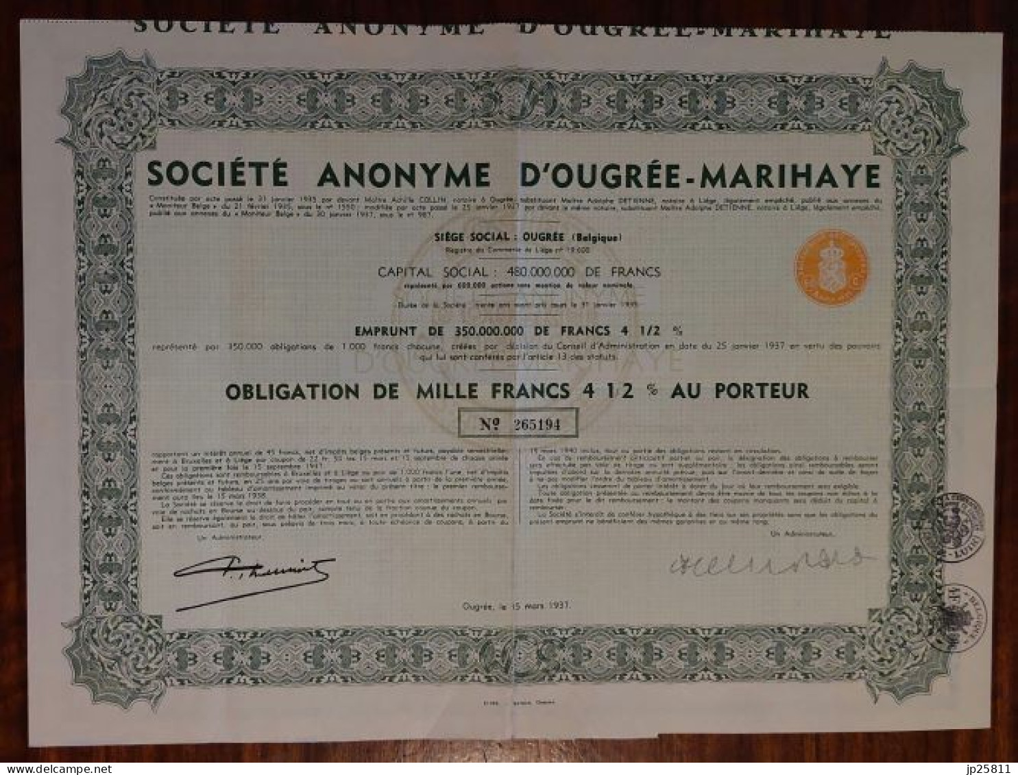België -Belgique - Société Anonyme D'Ougrée-Marihaye Obligation 1000 Francs 1937 Ougrée - Altri & Non Classificati